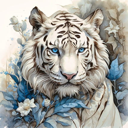 A digitally printed 100% cotton fabric panel featuring a block with a white tiger 
