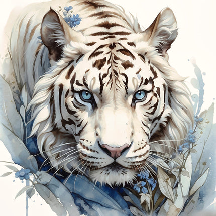 A digitally printed 100% cotton fabric panel featuring a block with a white tiger and floral elements.