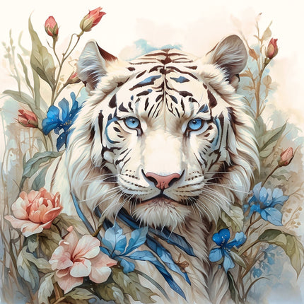 A digitally printed 100% cotton fabric panel featuring a white tiger with blue eyes in a floral setting.