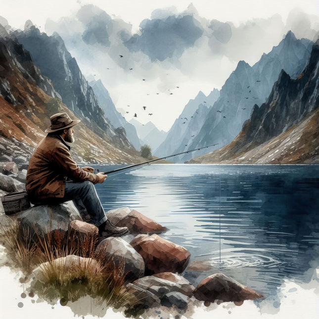 Man fishing by a mountain lake with mountains in the background sewing block