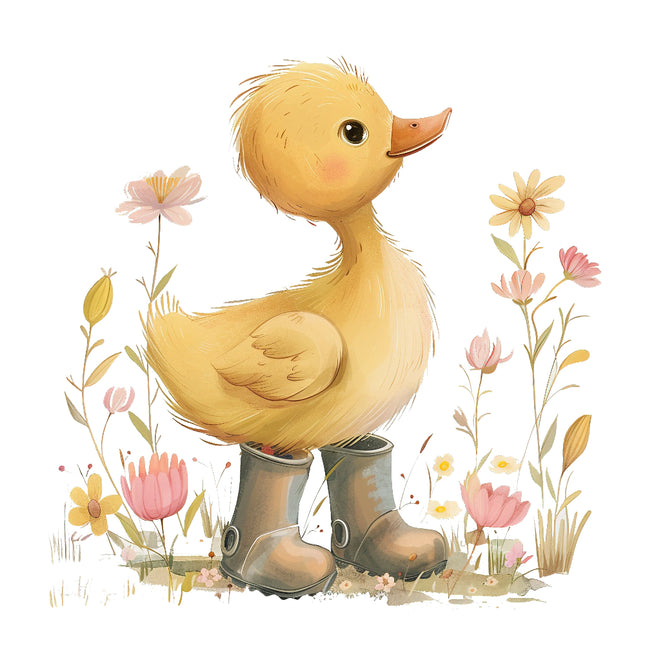 A fabric panel block featuring an illustration of a duckling standing in rain boots, surrounded by a floral design.