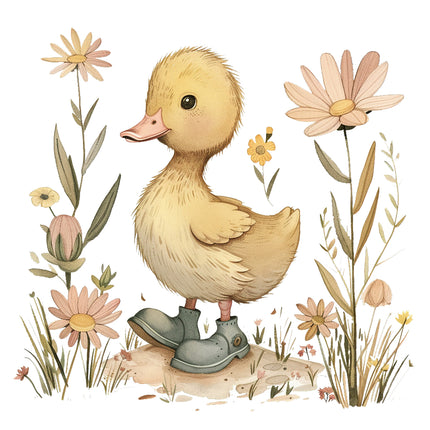 A digitally printed 100% cotton fabric panel featuring a cute duckling in rain boots among flowers.