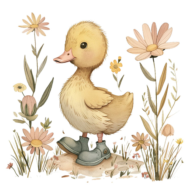 A digitally printed 100% cotton fabric panel featuring a cute duckling in rain boots among flowers.