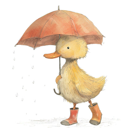 A digitally printed fabric panel featuring a cute duckling wearing rain boots and holding an umbrella, standing in the rain.