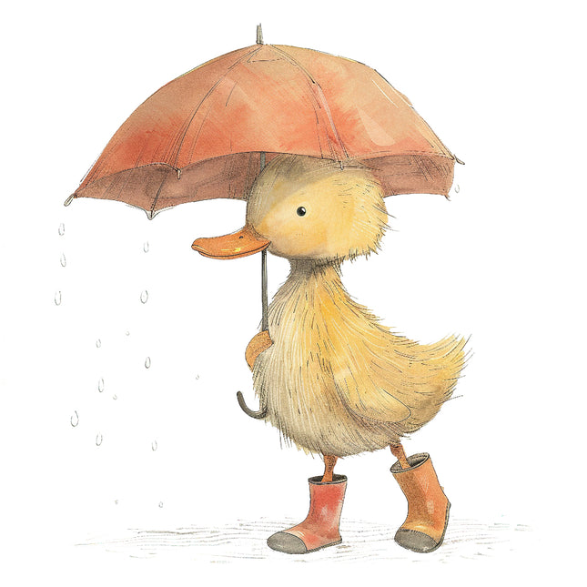 A digitally printed fabric panel featuring a cute duckling wearing rain boots and holding an umbrella, standing in the rain.