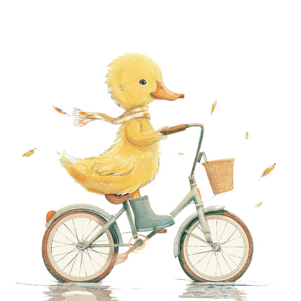 A digitally printed fabric panel featuring a cartoon duckling riding a bike with a basket, on a white background with leaves scattered around.