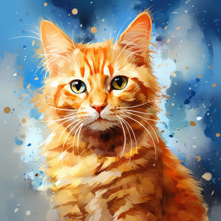 A digitally printed 100% cotton fabric panel featuring a block image of an orange cat with a blue background.