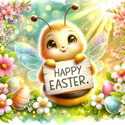 A digitally printed fabric panel featuring a cute bee holding a sign with 'HAPPY EASTER' surrounded by floral designs and Easter eggs.