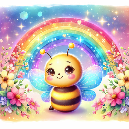A digitally printed fabric panel featuring a cute bee with rainbow-colored wings, surrounded by flowers and a rainbow background.