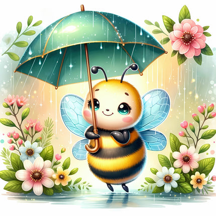 A digitally printed fabric panel featuring a cute bee holding a green umbrella, with a background of flowers and rain.