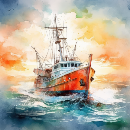 A digitally printed 100% cotton fabric panel featuring a boat or ship on a body of water with a colorful sky in the background.