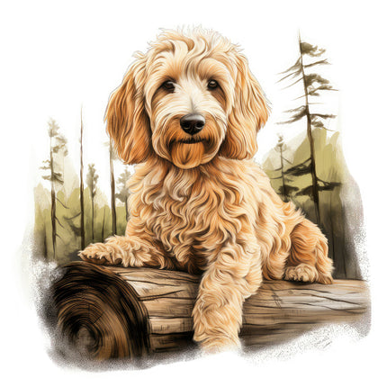 A digitally printed 100% cotton fabric panel featuring a golden retrieveroodle dog sitting on a log with a forest background.
