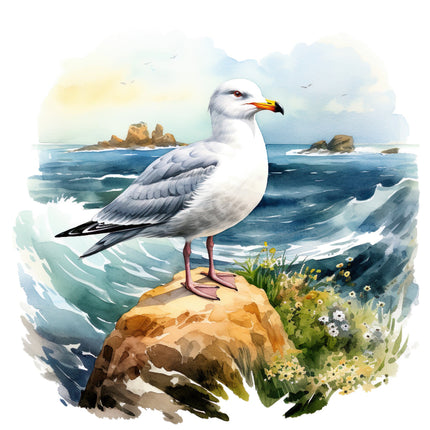 A digitally printed 100% cotton fabric panel featuring a seagull standing on a rock