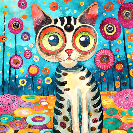 A colorful fabric panel featuring a stylized cat with large, prominent eyes and patterned background with various flowers and shapes.