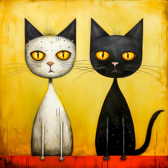 Two cats, one white and one black, with yellow eyes fabric panel