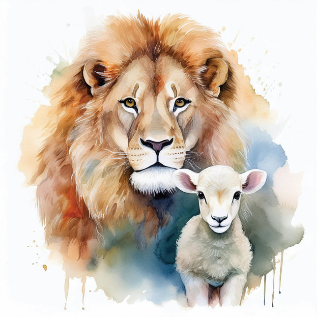 A digitally printed 100% cotton fabric panel featuring a lion and a lamb