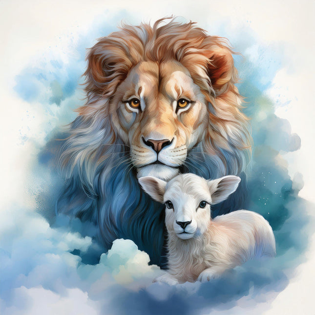 A digitally printed fabric panel featuring a lion and a lamb 