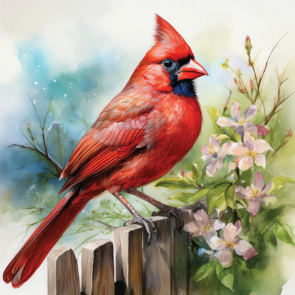 A fabric panel featuring a digitally printed red cardinal perched on a fence with green leaves and pink flowers in the background.