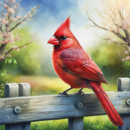 A digitally printed 100% cotton fabric panel featuring a red cardinal perched on a fence with a background of greenery and blue sky.