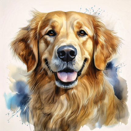 A digitally printed fabric panel featuring a golden retriever dog with a happy expression.