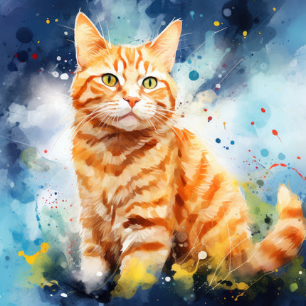 A digitally printed 100% cotton fabric panel featuring a vibrant image of an orange cat with a colorful, splatter-paint background.