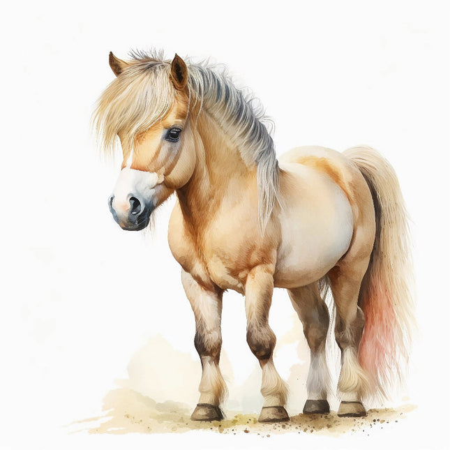 A digitally printed 100% cotton fabric panel featuring a beige pony with a mane and tail.