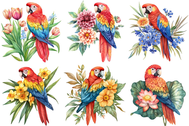 6 Piece 6"x6" Floral Parrots 100% Cotton Fabric Panel Squares Quilting Blocks