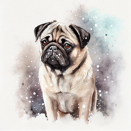 A digitally printed 100% cotton fabric panel featuring a portrait of a pug dog with a white background, surrounded by snowflakes.