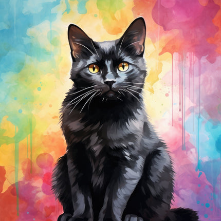A digitally printed fabric panel featuring a black cat with yellow eyes