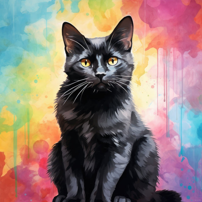 A digitally printed fabric panel featuring a black cat with yellow eyes