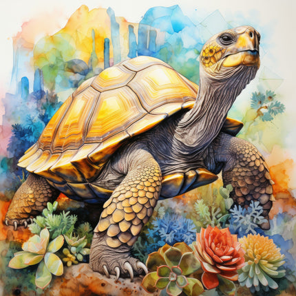 A digitally printed 100% cotton fabric panel featuring a tortoise with a colorful floral background.