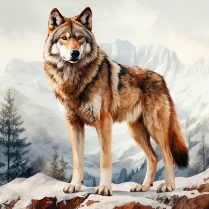 A digitally printed fabric panel featuring a wolf standing on a snowy mountain landscape.