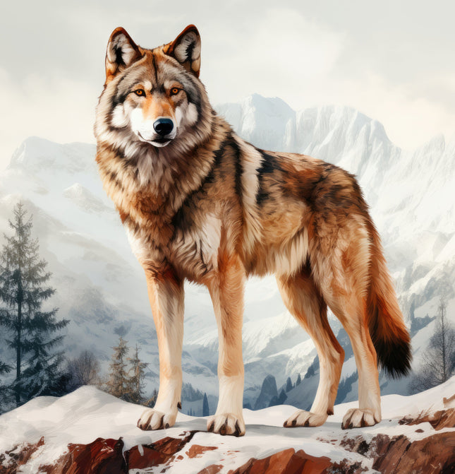 A digitally printed fabric panel featuring a wolf standing on a snowy mountain landscape.