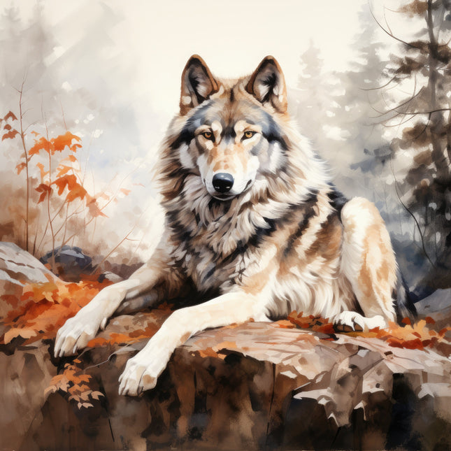 A digitally printed 100% cotton fabric panel featuring a realistic image of a wolf sitting on a rock with autumn leaves and trees in the background.