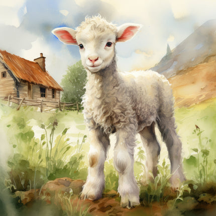 A fabric panel featuring an image of a lamb standing in a grassy field with a rustic house in the background.