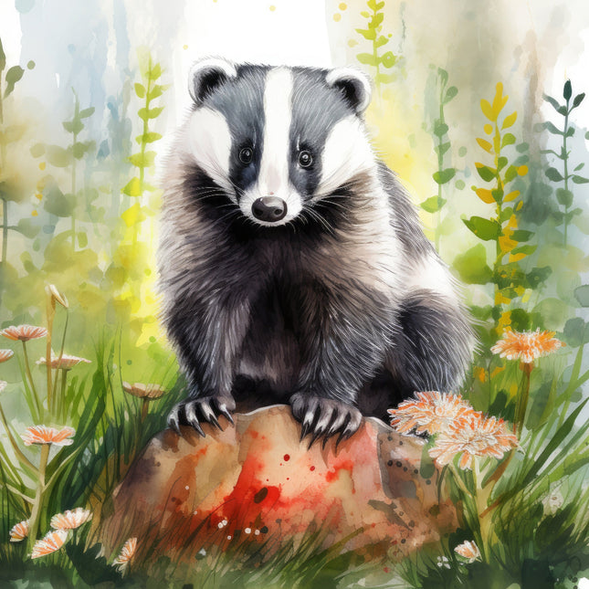A fabric panel featuring a digitally printed badger sitting on a rock surrounded by grass and flowers.