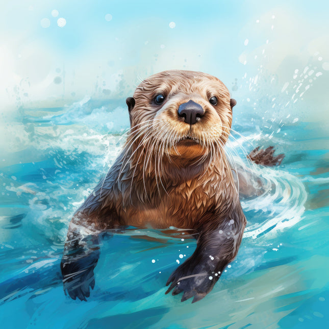 A digitally printed fabric panel featuring an image of an otter in water 
