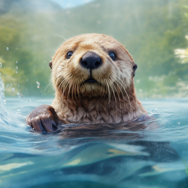 A digitally printed 100% cotton fabric panel featuring an image of an otter's face peeking out of the water.