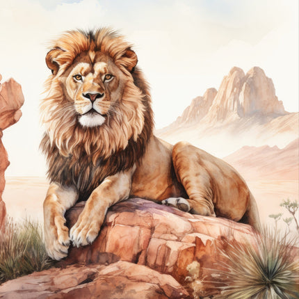 A digitally printed 100% cotton fabric panel featuring a realistic lion sitting on a rock with a mountainous landscape in the background.