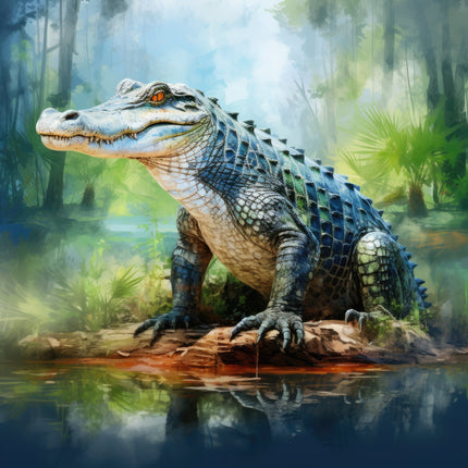 A digitally printed 100% cotton fabric panel featuring a realistic alligator in a natural setting with trees and water.