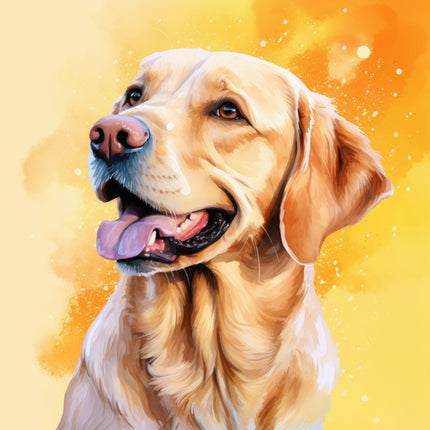 A digitally printed 100% cotton fabric panel featuring a block image of a Golden Retriever dog with a yellow and orange background.