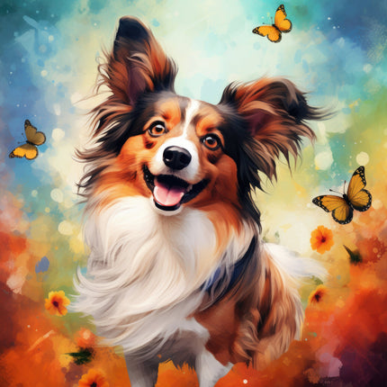 A digitally printed 100% cotton fabric panel featuring a vibrant image of a Papillon dog with butterflies in the background.