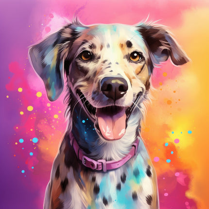 A digitally printed 100% cotton fabric panel featuring a colorful depiction of a dog with a pink collar on a vibrant multicolored background.