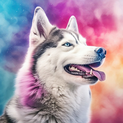 A fabric panel block featuring an image of a Husky dog with a colorful, abstract background.