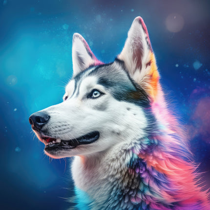 A digitally printed fabric panel featuring a close-up image of a Husky dog