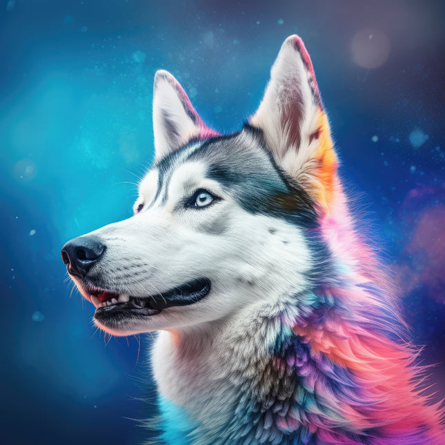 A digitally printed fabric panel featuring a close-up image of a Husky dog