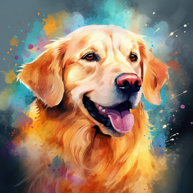 A digitally printed fabric panel featuring a golden retriever dog with a colorful abstract background.