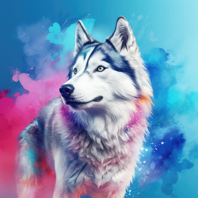 A digitally printed fabric panel featuring a husky dog with a colorful abstract background.