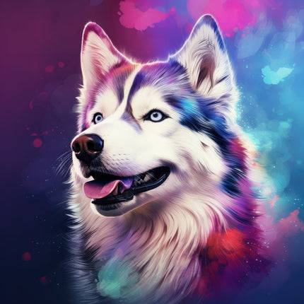 A digitally printed fabric panel featuring a colorful depiction of a husky dog's head.