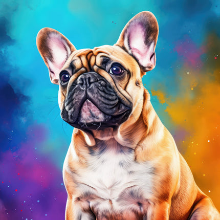 A digitally printed fabric panel featuring a close-up image of a French Bulldog with a colorful abstract background.